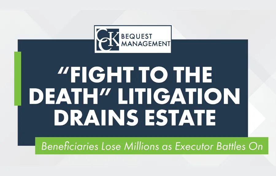 gray background with blue box, white text in blue box saying fight to the death litigation drains estate, green bar under blue box saying beneficiaries lose millions as executor battles on