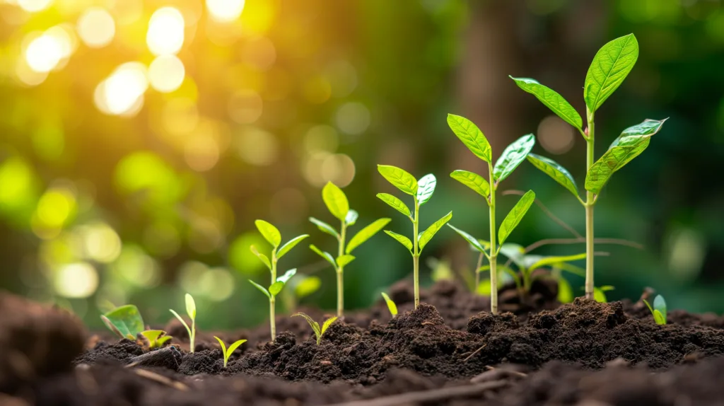 Illustration of plant growth stages from seed to mature plant, symbolizing development, success, and natural progression in a life cycle concept.